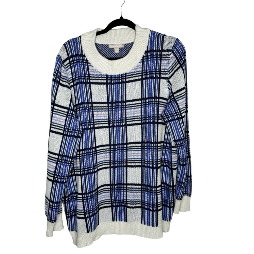 WOMAN WITHIN / blue white plaid cotton blend crewneck sweater / 18/20